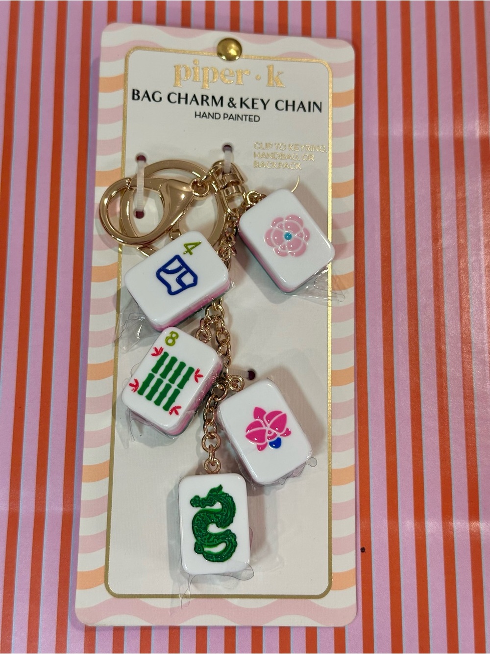 Piper k Mahjong Bag Charm & Key
Chain Clip-On Gold Tone Chain
White/Green/Pink